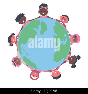 Les enfants autour de la carte du monde. Groupe multiculturel d'enfants. Joyeux bébé filles et bébé garçons. Illustration vectorielle Illustration de Vecteur