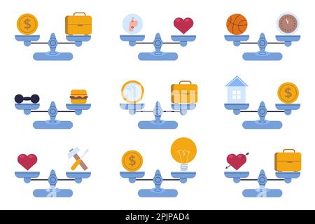 Choix de balances. Symboles différents sur les bols opposés. Les coûts du temps et l'amour du coeur. Comparaison et pesage des éléments. Comparez les pièces d'affaires ou d'argent Illustration de Vecteur