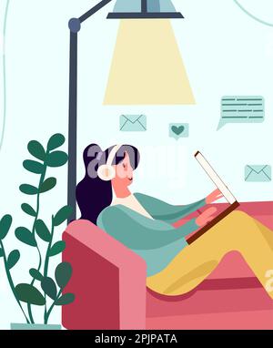 Une femme travaillant efficacement dans son bureau à domicile, assise dans son espace de travail et communiquant activement avec ses collègues par le biais de son écran d'ordinateur. Adopter le mode de vie du travail à distance. Vecteur. Illustration de Vecteur