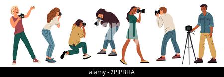 Photographes professionnels. Personnes avec des caméras dans différentes poses. Recherche de trame réussie. Paparazzi prenant des photos. Fabrication d'hommes et de femmes Illustration de Vecteur