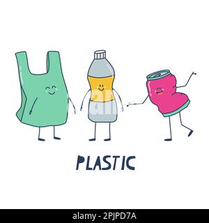 Tri des déchets plastiques. Sacs, bouteilles et canettes en plastique. Objets amusants avec les bras, les jambes et les visages. Joli vecteur isolé sur fond blanc Illustration de Vecteur