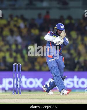 Chennai, Inde, 03/04/2023, match No 6 : TATA IPL 2023: CSK vs LSG : Chennai Super Kings vs Lucknow Super Giants : MSD de CSK au stade MAC de Chennai.CSK a obtenu 217 points pour 7 sur 20 overs. Kyle Mayers. CSK gagné par 12 Runa Banque D'Images