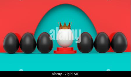Œufs de poulet noirs en rangée et œuf d'or unique dans la couronne royale sur le podium et sur fond vert. 3D rendu du concept de Pâques ou du Vendredi fou. Minimale Banque D'Images