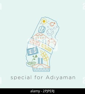 Une série d'icônes spéciales pour la Turquie- Adıyaman. Collage de lieux historiques, mont Nemrut, lune et étoile, pont de Cendere, tapis, la ligne de château dans connexe Illustration de Vecteur