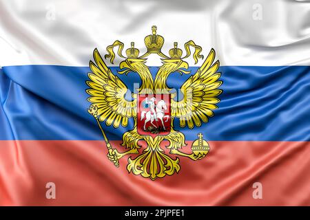 Drapeau de la Russie à volant avec blason. 3D rendu Banque D'Images