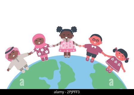 Groupe multiculturel d'enfants tenant la main. Les enfants se tiennent sur le globe. Joyeux bébé filles et bébé garçons. Illustration vectorielle Illustration de Vecteur