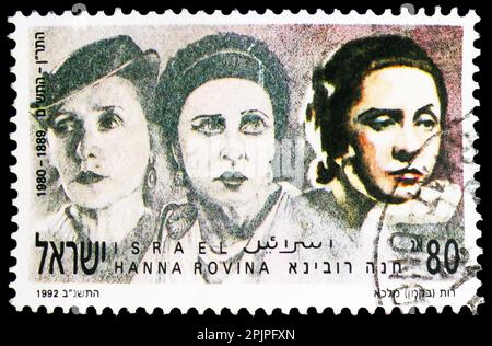 MOSCOU, RUSSIE - 26 MARS 2023: Timbre-poste imprimé en Israël montre Hanna Rovina (1889-1980), célèbre série femmes 1992, vers 1992 Banque D'Images