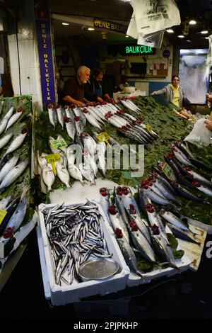 Poissons et fruits de mer frais entiers à vendre parmi les pêcheurs au marché de poissons de Galata à Karakoy, côté européen d'Istanbul, Turquie / Turkiye. Banque D'Images