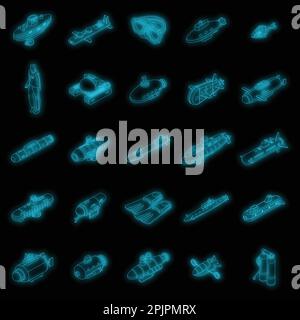 Ensemble d'icônes de bathyscaphe. Ensemble isométrique de bathyscaphe vecteur icônes couleur néon sur noir Illustration de Vecteur