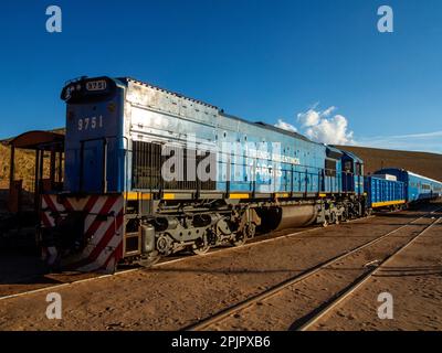 Le populaire parmi les touristes Tren de Las Nubes (Clouds train) stationnés à la gare de San Antonio de Los Cobres, province de Salta, Argentine Banque D'Images