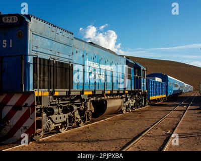 Le populaire parmi les touristes Tren de Las Nubes (Clouds train) stationnés à la gare de San Antonio de Los Cobres, province de Salta, Argentine Banque D'Images