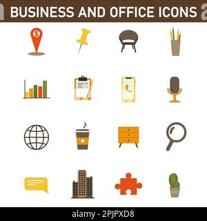 Collection d'icônes plates multicolores sur le sujet : affaires et bureau. Isolé sur fond blanc. Banque D'Images