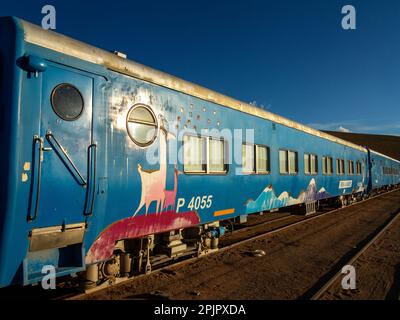 Le populaire parmi les touristes Tren de Las Nubes (Clouds train) stationnés à la gare de San Antonio de Los Cobres, province de Salta, Argentine Banque D'Images