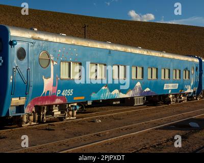 Le populaire parmi les touristes Tren de Las Nubes (Clouds train) stationnés à la gare de San Antonio de Los Cobres, province de Salta, Argentine Banque D'Images