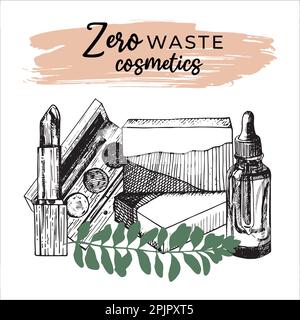 Cosmétiques biologiques. Bouteilles plantes rouge à lèvres, fard à paupières. Entouiller l'esquisse. Ensemble d'illustrations vectorielles abstraites Illustration de Vecteur