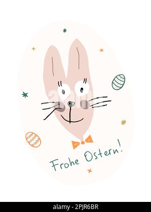 Mignon lapin de Pâques drôle avec l'inscription Frohe Ostern, qui signifie joyeuses Pâques en allemand. Lettrage manuscrit dans une bulle de discours décorée Illustration de Vecteur