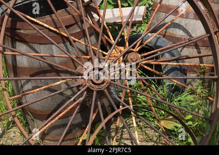 Roues anciennes rouillées en acier et tonneaux en bois à l'extérieur, Familizoo, Saint-Calixte, Lanaudière, Québec, Canada. Banque D'Images