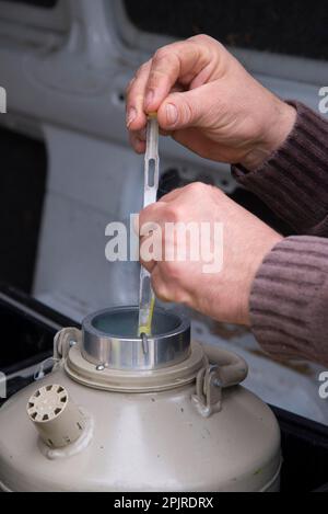 Élevage de bovins, retrait de pailles d'embryons dans des flacons contenant de l'azote liquide pour le transfert d'embryons aux vaches receveuses, Angleterre, Royaume-Uni Banque D'Images