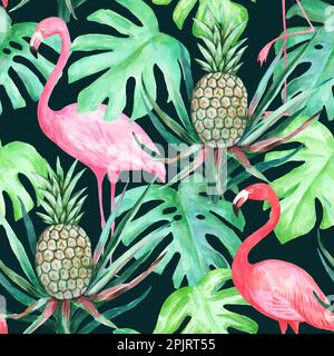 Motif aquarelle coloré sans couture avec flamants roses, ananas, feuilles tropicales de la monstère Banque D'Images