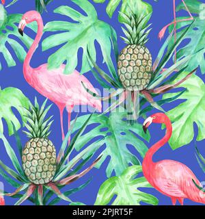 Motif aquarelle coloré sans couture avec flamants roses, ananas, feuilles tropicales de la monstère Banque D'Images