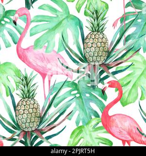 Motif aquarelle coloré sans couture avec flamants roses, ananas, feuilles tropicales de la monstère Banque D'Images