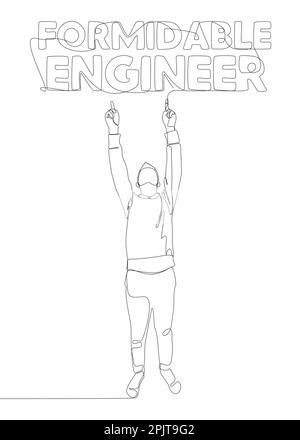 Une ligne continue de l'homme pointant du doigt sur le formidable mot d'ingénieur. Concept de vecteur d'illustration à trait fin. Dessin de contour idées créatives. Illustration de Vecteur