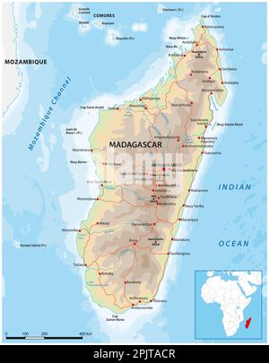 Carte routière vectorielle détaillée de la nation insulaire de Madagascar Banque D'Images