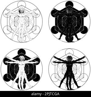 Motif vectoriel de Vitruvian Man avec fond Metatron Illustration de Vecteur