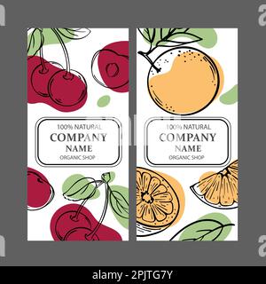 Modèles d'étiquettes DE CERISE ET D'ORANGE conception d'autocollants pour la boutique de fruits biologiques tropicaux naturels juteux et les boissons à base de dessert en Vintage Vector Coll Illustration de Vecteur