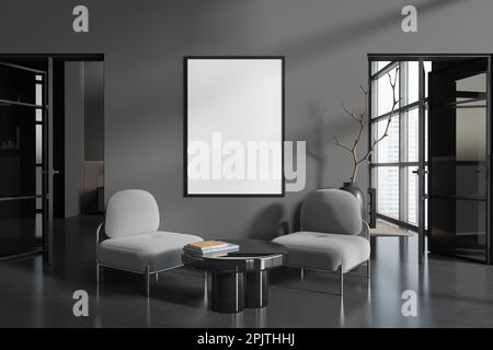 Intérieur sombre de la chambre d'affaires avec deux fauteuils et table basse avec décoration, affiche en toile maquette. Portes vitrées et fenêtre panoramique sur les gratte-ciel Banque D'Images