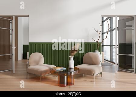 Intérieur de bureau blanc et vert avec deux fauteuils et décoration, faux mur. Table basse et portes vitrées, fenêtre panoramique sur le ciel Banque D'Images