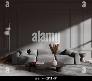 Intérieur sombre et relaxant avec canapé et table basse avec décoration, moquette sur parquet. Maquette de l'espace de copie mur de moulage vide et ombre. 3D fin Banque D'Images