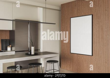 Intérieur de cuisine moderne avec murs blancs et en bois, sol en béton, armoires blanches, grand réfrigérateur, comptoir de bar avec tabourets et maquette verticale Banque D'Images