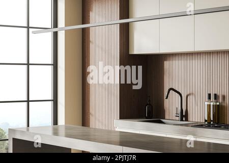 Intérieur de cuisine moderne avec murs blancs et en bois, armoires blanches avec évier intégré, bar en pierre et fenêtre avec vue floue sur la montagne. 3d renderin Banque D'Images