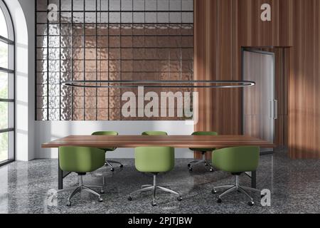 Intérieur d'une élégante salle de réunion avec murs blancs et en bois, longue table de conférence et chaises vertes. Concept de discussion. 3d rendu Banque D'Images