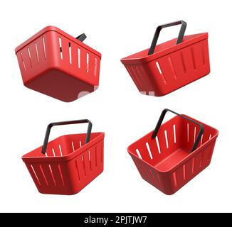 Videz quatre paniers rouges sur fond blanc, sous différents angles. Concept d'achat, de paiement, de commande et d'achat en ligne. 3D rendu illustrat Banque D'Images
