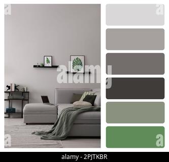 Palette de couleurs et photo de l'intérieur élégant du salon. Collage Banque D'Images