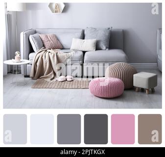 Palette de couleurs et photo de l'intérieur élégant du salon. Collage Banque D'Images