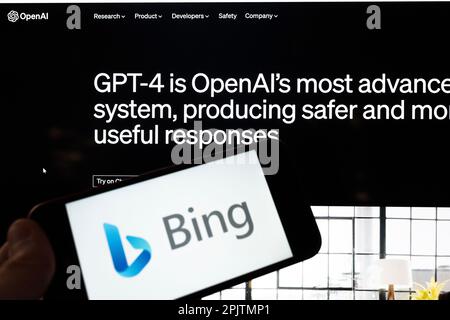 San Francisco, Californie, États-Unis. 3rd avril 2023. Le Bing logo.OpenAI est un organisme de recherche axé sur l'avancement de l'intelligence artificielle d'une manière sûre et bénéfique. Fondée en 2015 par un groupe de sommités technologiques, dont Elon Musk et Sam Altman, elle a apporté des contributions significatives au domaine de l'IA et de l'apprentissage machine. La société a créé ChatGPT, qui s'est associé à Microsoft Bing Search pour faire de Bing ai un concurrent de Google Search. Le nouveau protocole GPT-4 a passé un examen de bar et des examens médicaux dans les tests, beaucoup demandant un gel temporaire dans l'intelli artificiel Banque D'Images