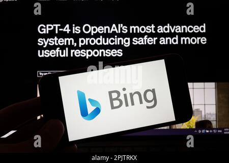 San Francisco, Californie, États-Unis. 3rd avril 2023. Le Bing logo.OpenAI est un organisme de recherche axé sur l'avancement de l'intelligence artificielle d'une manière sûre et bénéfique. Fondée en 2015 par un groupe de sommités technologiques, dont Elon Musk et Sam Altman, elle a apporté des contributions significatives au domaine de l'IA et de l'apprentissage machine. La société a créé ChatGPT, qui s'est associé à Microsoft Bing Search pour faire de Bing ai un concurrent de Google Search. Le nouveau protocole GPT-4 a passé un examen de bar et des examens médicaux dans les tests, beaucoup demandant un gel temporaire dans l'intelli artificiel Banque D'Images