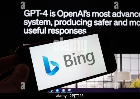 San Francisco, Californie, États-Unis. 3rd avril 2023. Le Bing logo.OpenAI est un organisme de recherche axé sur l'avancement de l'intelligence artificielle d'une manière sûre et bénéfique. Fondée en 2015 par un groupe de sommités technologiques, dont Elon Musk et Sam Altman, elle a apporté des contributions significatives au domaine de l'IA et de l'apprentissage machine. La société a créé ChatGPT, qui s'est associé à Microsoft Bing Search pour faire de Bing ai un concurrent de Google Search. Le nouveau protocole GPT-4 a passé un examen de bar et des examens médicaux dans les tests, beaucoup demandant un gel temporaire dans l'intelli artificiel Banque D'Images