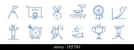 Lauréat du prix « Business Doodle Icon ». Prix, certificat, trophée pour le dessin de la ligne de doodle du leader du succès. Victoire, succès, icône du concept gagnant. Contour du trait de plume modifiable. Illustration vectorielle Illustration de Vecteur