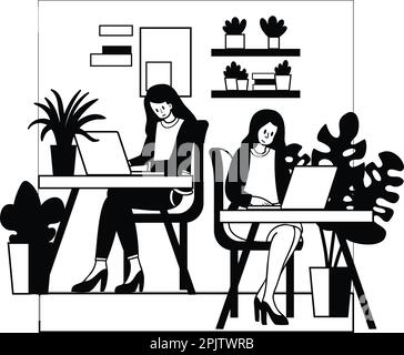 femme entrepreneur assis et travaillant dans un café illustration dans le style doodle isolé sur fond Illustration de Vecteur