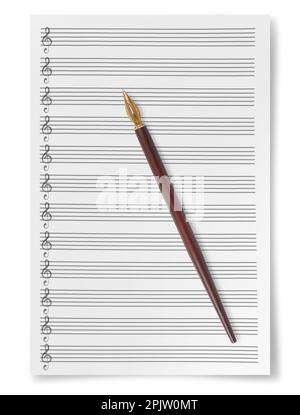 Feuille vierge composition musicale personnel de manuscrit avec stylo à bille isolé sur fond blanc Banque D'Images