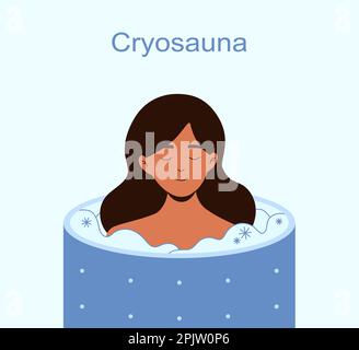 Femme paisible dans un cryosauna illustration de vecteur de thérapie de glace pour les lésions bénignes et malignes. Cryothérapie corps entier. Traitement par gel indolore pour une meilleure santé. Illustration de Vecteur