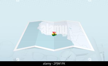 Carte du Ghana avec le drapeau du Ghana dans le contour de la carte sur un voyage résumé toile de fond. Illustration de voyage. Illustration de Vecteur