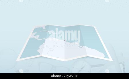 Carte de Trinité-et-Tobago avec le drapeau de Trinité-et-Tobago dans le contour de la carte sur un voyage résumé toile de fond. Illustration de voyage. Illustration de Vecteur