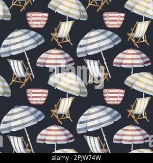 Chaises de plage aquarelle dessinées à la main, sacs et parasols à motifs sans couture. Isolé sur fond de couleur. Décoration murale, mariage, imprimé, tissu Banque D'Images