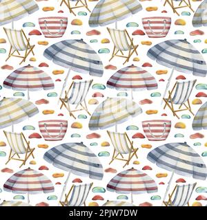 Chaises de plage aquarelle dessinées à la main, sacs et parasols à motifs sans couture. Isolé sur fond blanc. Décoration murale, mariage, imprimé, tissu Banque D'Images