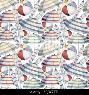 Parasols de plage à rayures aquarelle dessinés à la main, ouverts et pliés, motif de balle de jeu sans couture. Isolé sur fond blanc. Décoration murale, mariage Banque D'Images